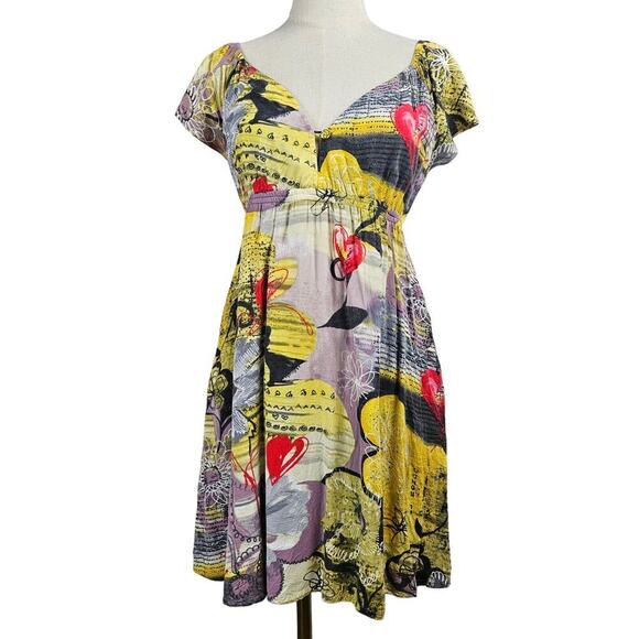 Jams World‎ Short Cap Sleeve Dress S Sweet Honey Abstract Yellow Print V-Neck - Picture 1 of 9